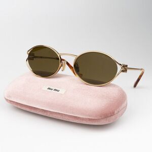 NEW Miu Miu MU52YS 7OE01T Brass Gold Dark Brown Oval Unisex Sunglasses MU 52YS